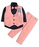 Lil' Homies Cotton Blend Woven Full Sleeves Solid Shirt & Pant Set With Typography Printed Waistcoat & Bow - Peach