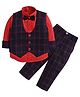 Lil' Homies Cotton Blend Woven Full Sleeves Textured Shirt & Checked Pant Set With Waistcoat & Bow - Navy Blue