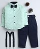 Lil' Homies Cotton Blend Woven Full Sleeves Abstract Printed Shirt & Pant Set With Bow & Suspenders - Green