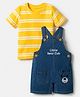Babyhug Single Jersey Knit Half Sleeves Striped Tee With Bear Face & Text Embroidered Denim Dungaree - Navy & Yellow