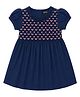 nuberry Cotton Woven Half Sleeves Smocked Detailed Floral Embroidered Dress - Navy Blue