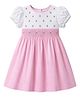 nuberry Cotton Woven Half Sleeves Smocked Detailed Floral Embroidered Dress - Pink