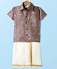 Dapper Dudes Cotton Silk Woven Half Sleeves Musical Instruments Printed Shirt & Mundu Set - Brown