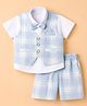 Radutu Cotton Woven Half Sleeves Checked 3 Piece Party Suit With Bow - Light Blue & White