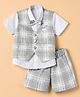 Radutu Cotton Woven Half Sleeves Checked 3 Piece Party Suit With Bow - Grey & White
