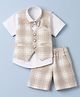 Radutu Cotton Woven Half Sleeves Checked 3 Piece Party Suit With Bow - Beige & White