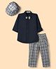 Radutu Cotton Woven Full Sleeves 2 Piece Set Shirt, Checked Pants & Cap With Bow & Suspender - Navy & Grey