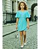 Lei-Chie Velvet Knit Half Sleeves Floral Applique Dress - Blue