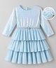 Hola Bonita Knit Full Sleeves Sequined Foil Tiered Layered Party Dress With Belt - Blue