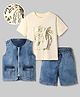 OLLINGTON ST. Cotton Non Stretchable Denim Sleeveless Jacket with T-Shirt and Denim Shorts with Tropical Palm Tree Foil Print - White & Indigo