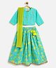Campana 100% Cotton Woven Three Fourth Sleeves Floral Printed Lehenga & Choli With Dupatta Set - Turquoise & Lime Green