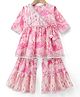 Blabber Three Fourth Sleeves Leaves Printed & Gota Lace Embellished Coordinating Kurti Gharara Set - Pink