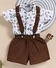 Wonderchild Interlock Knit Half Sleeves Vehicle Printed Shirt With Shorts And Suspender - White & Brown