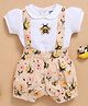 Wonderchild Interlock Knit Half Sleeves Bee & Floral Printed Top With Shorts And Suspender - White & Beige