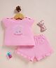 Wonderchild Interlock Knit Woven Half Sleeve Top & Shorts Set With Floral & Text Embroidery - Pink