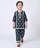 Bella Moda Cotton Woven Three Fourth Sleeves Ethnic Motifs Printed Lace Embellished Kurti & Pants Set - Navy Blue