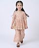 Bella Moda Cotton Woven Half Sleeves Floral Printed Lace Embellished Angarakha Style Kurti & Sharara Set - Peach