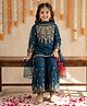 Bella Moda Cotton Woven Three Fourth Sleeves Floral & Abstract Embroidered Kurti & Sharara With Dupatta Set - Navy Blue