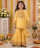 Bella Moda Cotton Woven Three Fourth Sleeves Floral & Abstract Embroidered Kurti & Sharara With Dupatta Set - Yellow
