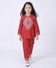 Bella Moda Cotton Woven Full Sleeves Floral & Geometric Embroidered Kurti & Pants Set - Red