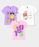 FASHIONOY Cotton Knit Pack Of 3 Half Sleeves Animals & Typography Printed Tees - White Pink & Lavender