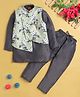 Jeet Ethnics Cotton Blend Knit Full Sleeves Solid Kurta & Pyjama With Floral Printed Asymmetrical Jacket Set - Grey
