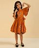 Bugandbees Cotton Woven Half Flutter Sleeves Tree Embroidered Dress - Tan