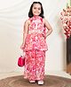 Bugandbees Georgette Woven Sleeveless Ric Rac Lace Embellished Floral Printed Top & Palazzo With Dupatta Set - Pink