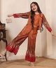 Bugandbees Silk Woven Solid Top & Pants Set With Full Sleeves Abstract Foliage Printed Shrug - Mustard