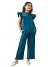 Bugandbees Cotton Woven Frill Sleeves Floral Embroidered Top & Pants Set - Teal Blue