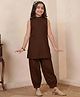 Bugandbees Cotton Woven Sleeveless Solid Kurti & Pants Set - Dark Brown