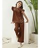 Bugandbees Cotton Woven Frill Sleeves Floral Printed Top & Pants Set - Brown