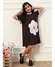 Bugandbees Cotton Woven Half Sleeves Floral Patch Detailed Dress - Dark Brown