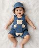 Tipy Tipy Tap Denim Knit Teddy Bear Applique Detailed Dungaree With Cap - Blue