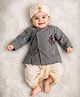 Tipy Tipy Tap Cotton Knit Full Sleeves Lord Ganesh Embroidered Angrakha Kurta & Dhoti With Turban Cap Set - Grey & Ivory