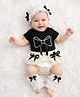 Tipy Tipy Tap 4Pc Lacey Bow Cotton Half Sleeves Bodysuit With Blumer, Headband And Legwarmers - Black/Off White