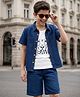 OLLINGTON ST. Denim Half Sleeves Shirt With Lion & Text Inner Tee & Shorts -White & Navy