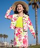 OLLINGTON ST. Woven Twill Knit Full Sleeves Jacket With Inner Tee & Skirt Set With Floral Print - White & Lime Green