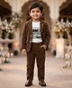 Rikidoos Cotton Woven Full Sleeves Text Printed T-Shirt & Trouser Set With Textured Blazer - Brown & White