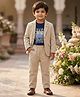 Rikidoos Cotton Woven Full Sleeves Printed T-Shirt & Trouser Set With Textured Blazer - Beige & Navy Blue