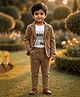 Rikidoos Cotton Woven Full Sleeves Printed T-Shirt & Trouser Set With Textured Blazer - White & Khaki