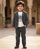 Rikidoos Cotton Woven Full Sleeves Printed T-Shirt & Trouser Set With Textured Blazer - White & Grey