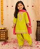 BownBee Silk Woven Three Fourth Sleeves Lace Embellished Kurti & Salwar With Dupatta Set - Yellow