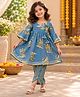 The Magic Wand Cambric Woven Three Fourth Bell Sleeves Leaf Printed Kurti Pants Set - Blue