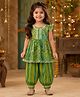The Magic Wand Cambric Woven Frill Sleeves Paisley Printed & Lace Embellished Kurti & Afghani Pants Set - Green