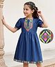 EARTHY TOUCH Silk Denim Chambray Woven Washed Ethnic Dresses with Geometric Embroidery in Blue
