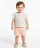 MINI KLUB Cotton Woven Half Sleeves Floral Printed Top & Shorts Set - White & Peach