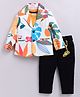 LITTLE COLLARS Cotton Blend Knit Full Sleeves Floral Printed Blazer & Trouser Set With Tee - Mango