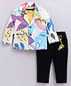 LITTLE COLLARS Cotton Blend Knit Full Sleeves Leaves Printed Blazer & Trouser Set With Tee - Lemon