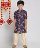 Vastramay Muslin Woven Full Sleeves Kurta and Pyjama Set with Floral and Birds Print in Navy Blue for 11-12 Years
